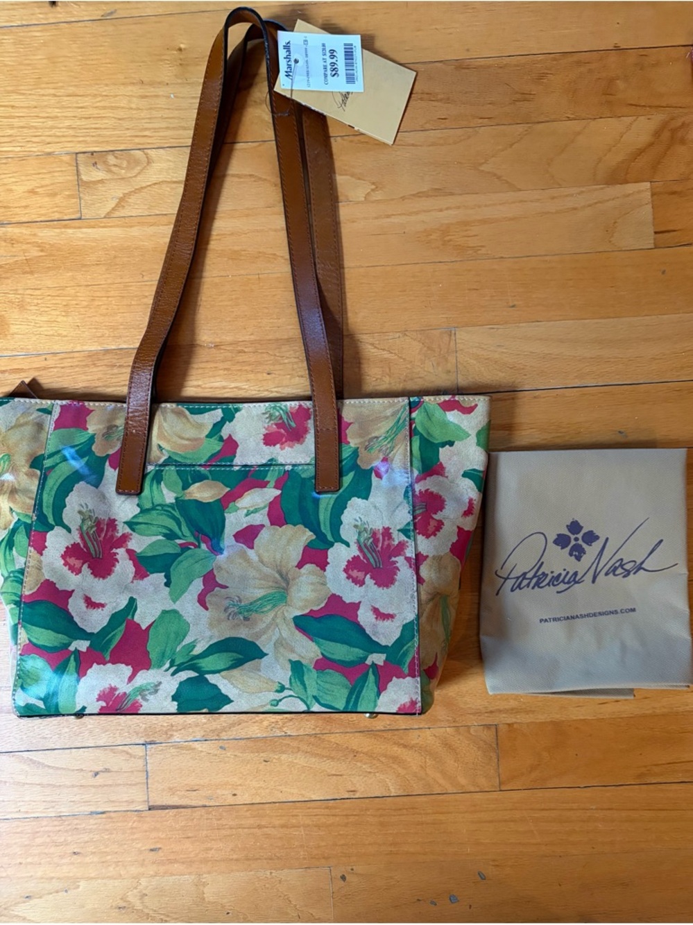 Patricia Nash Floral Canvas Tote in Pink, Green, Cream with Brown Straps